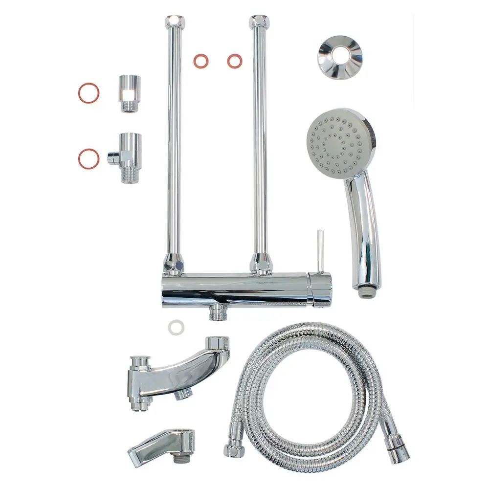 Chromstahl-Duscharmatur von Vaillant mit Handbrause, flexibler Schlauchverbindung und verschiedenen Anschlüssen. Alle notwendigen Teile zur Installation sind enthalten.